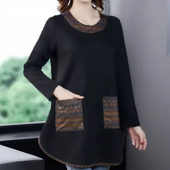 Женская свободная футболка с винтажными карманами, осенне-зимняя женская одежда, универсальные топы с длинным рукавом и круглым вырезом, простота