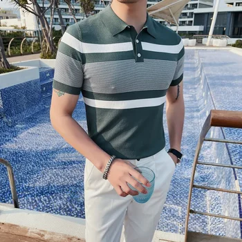 Рубашка поло с коротким рукавом, мужская летняя трикотажная футболка Ice Silk с отворотом до половины рукава, рубашка поло для гольфа