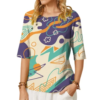 CLOOCL, Новая женская футболка с абстрактной живописью, графическая блузка оверсайз, круглый вырез, Рубашки со средним рукавом на пуговицах, повседневные топы