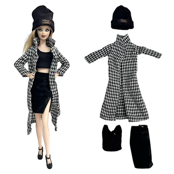 4 Предмета /комплект Длинное клетчатое пальто + Юбка + Шляпа + Топ Модная одежда Винтажное повседневное пальто с длинным рукавом для аксессуаров куклы Барби