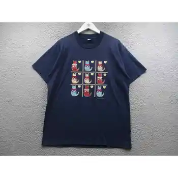 Винтажная футболка 90-х с бесконечным дизайном, женская футболка XL с коротким рукавом, Темно-синий кот