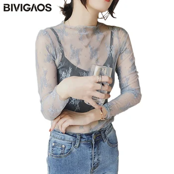 BIVIGAOS, Весна-лето, Новая кружевная рубашка с длинным рукавом, Половина высокого воротника, Сексуальная перспективная сказочная сетчатая футболка, женские топы